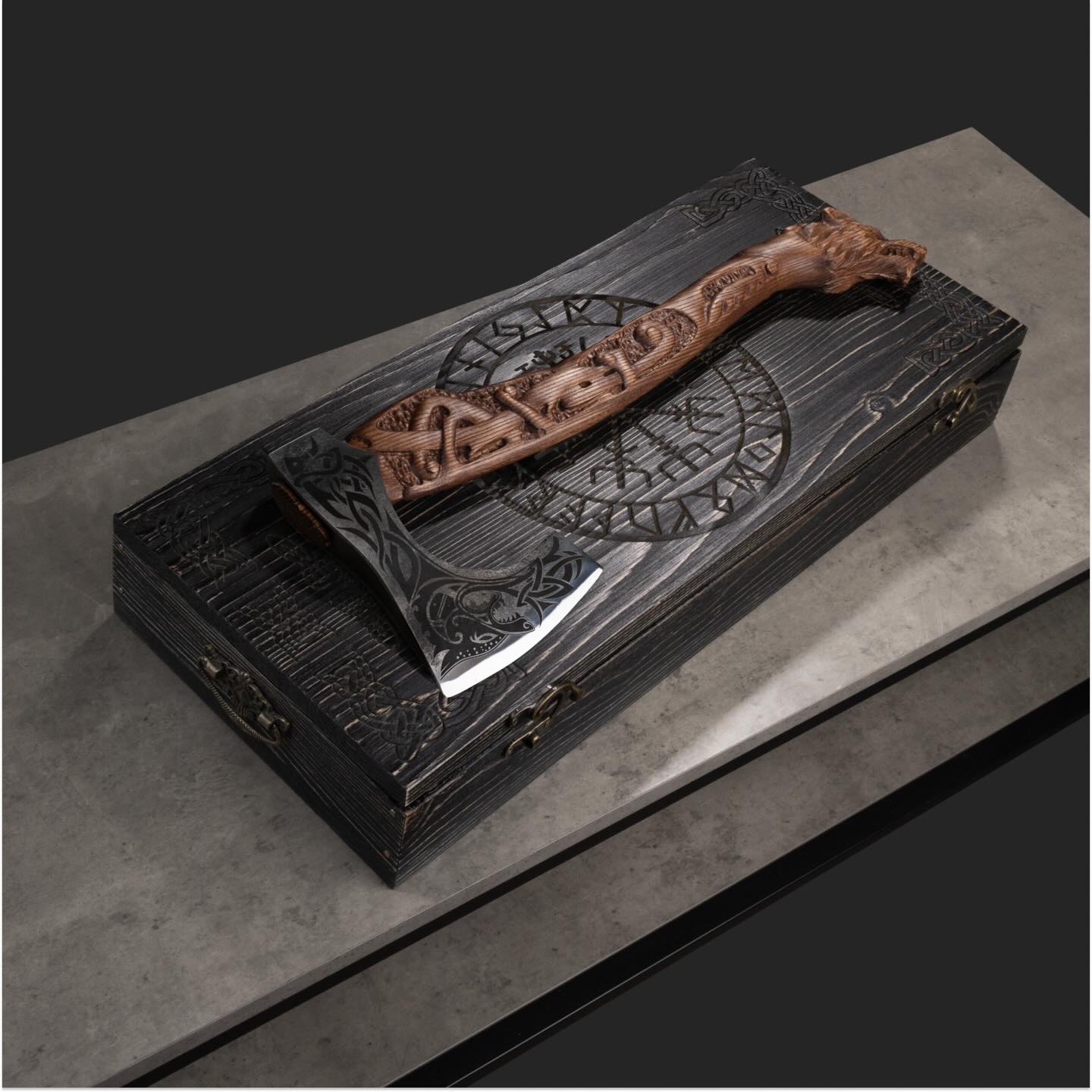 Engraved Nordic battle axe, tactical camping axe