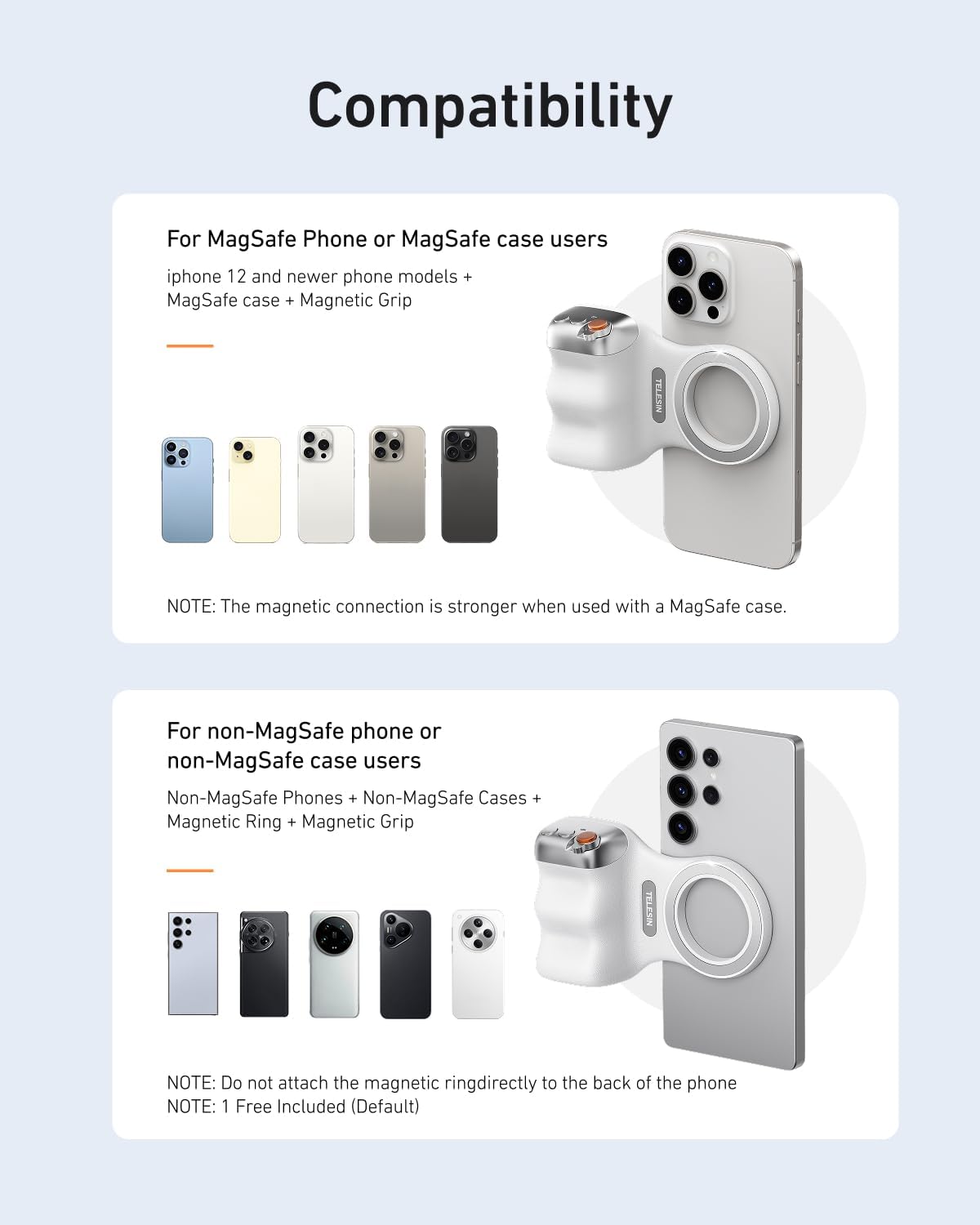 Magnetic Phone Camera Grip + C03 Magnetic Selfie Light (Silver) Bundle Kit Compatible