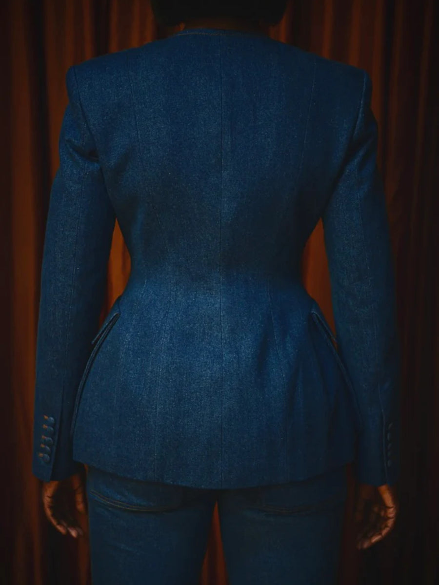 Tailored Confidence Denim Set – Double-Breasted Jacket & Flare Pants