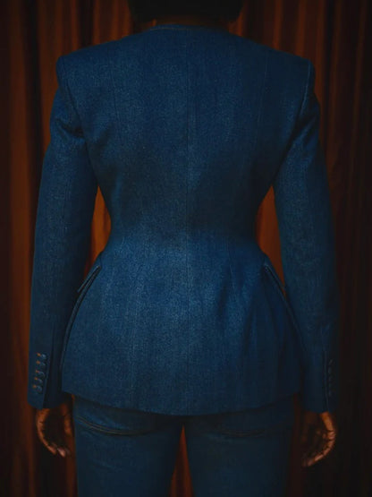 Tailored Confidence Denim Set – Double-Breasted Jacket & Flare Pants