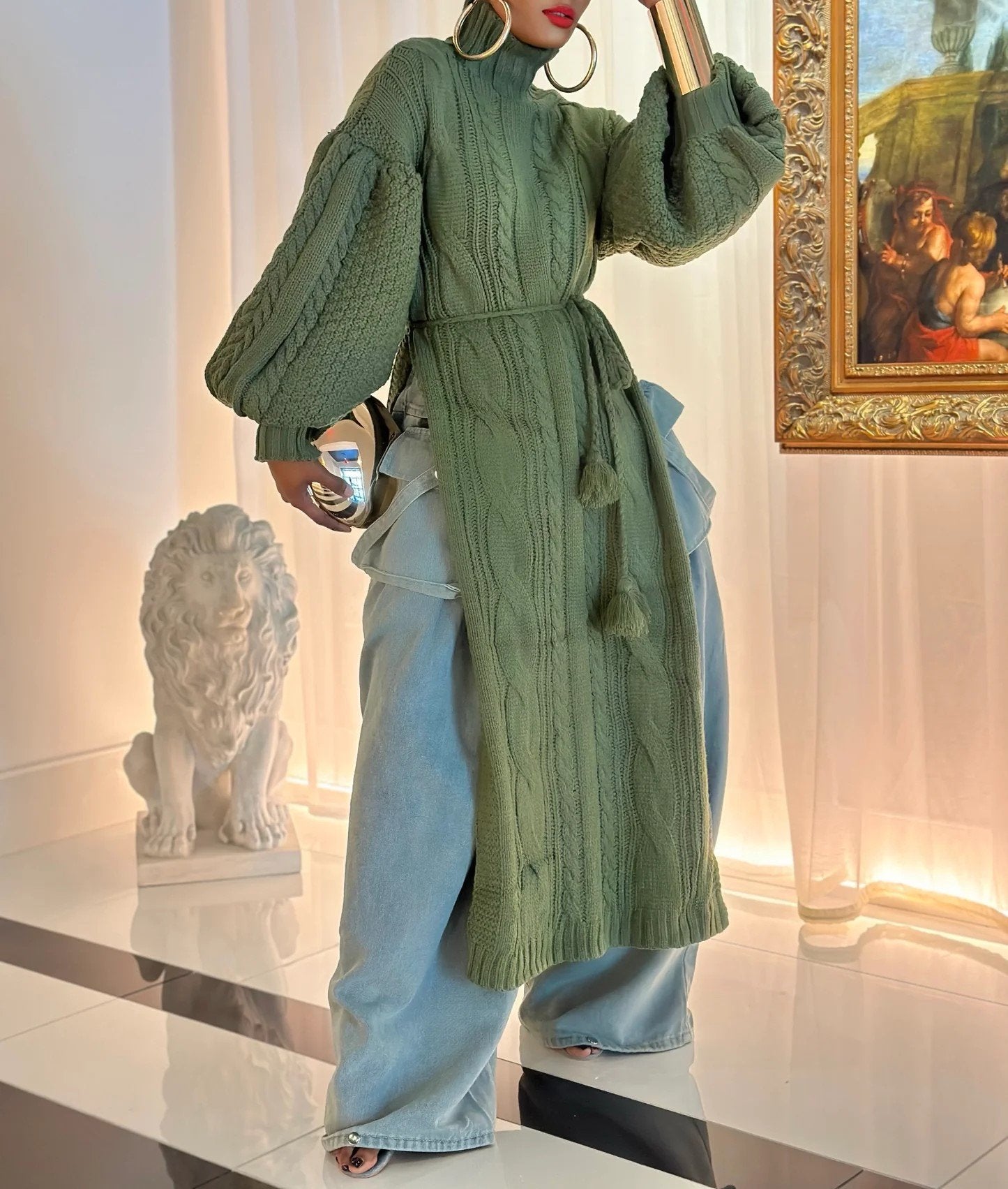 Lantern sleeve side slit turtleneck long sweater skirt