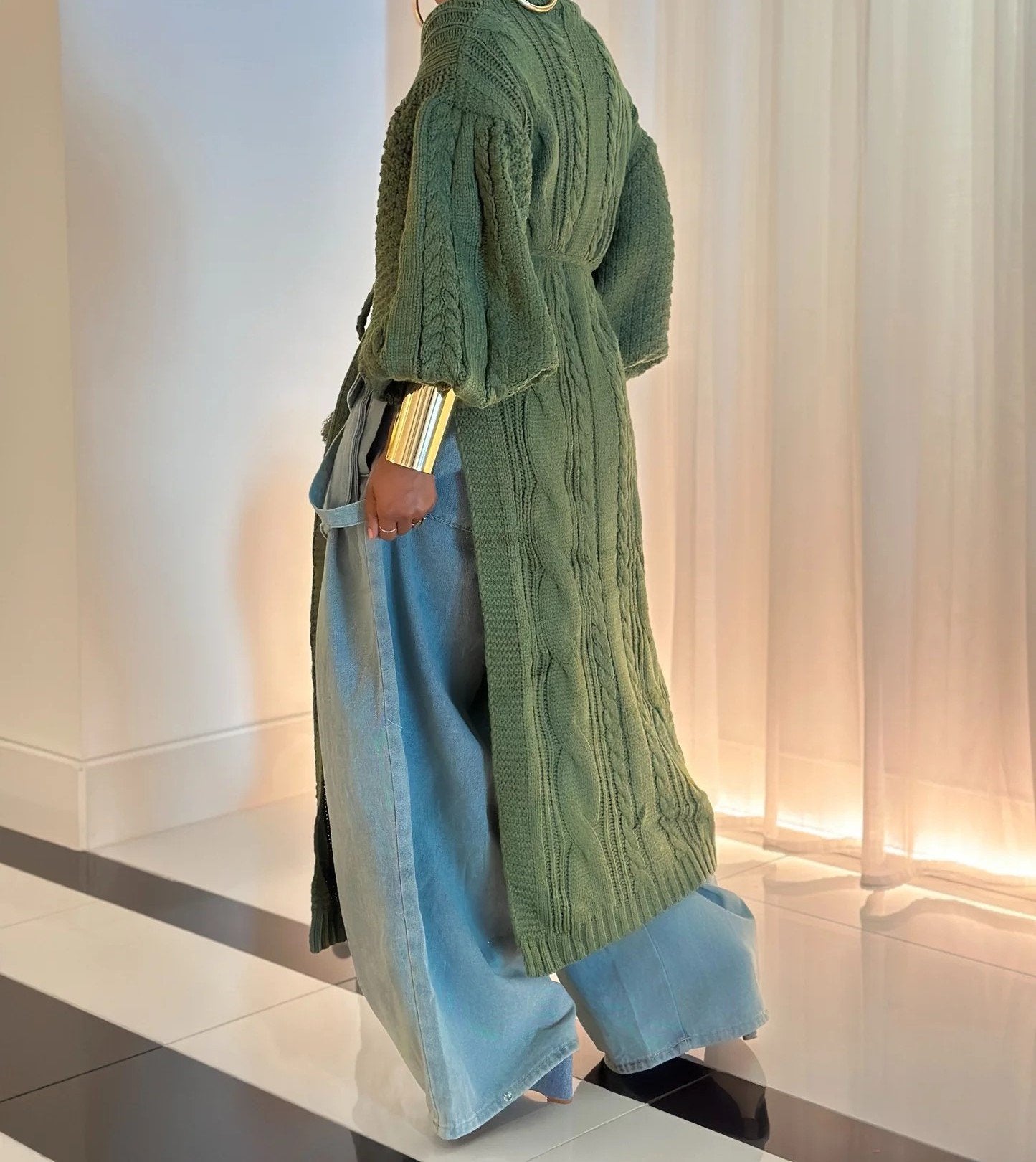 Lantern sleeve side slit turtleneck long sweater skirt