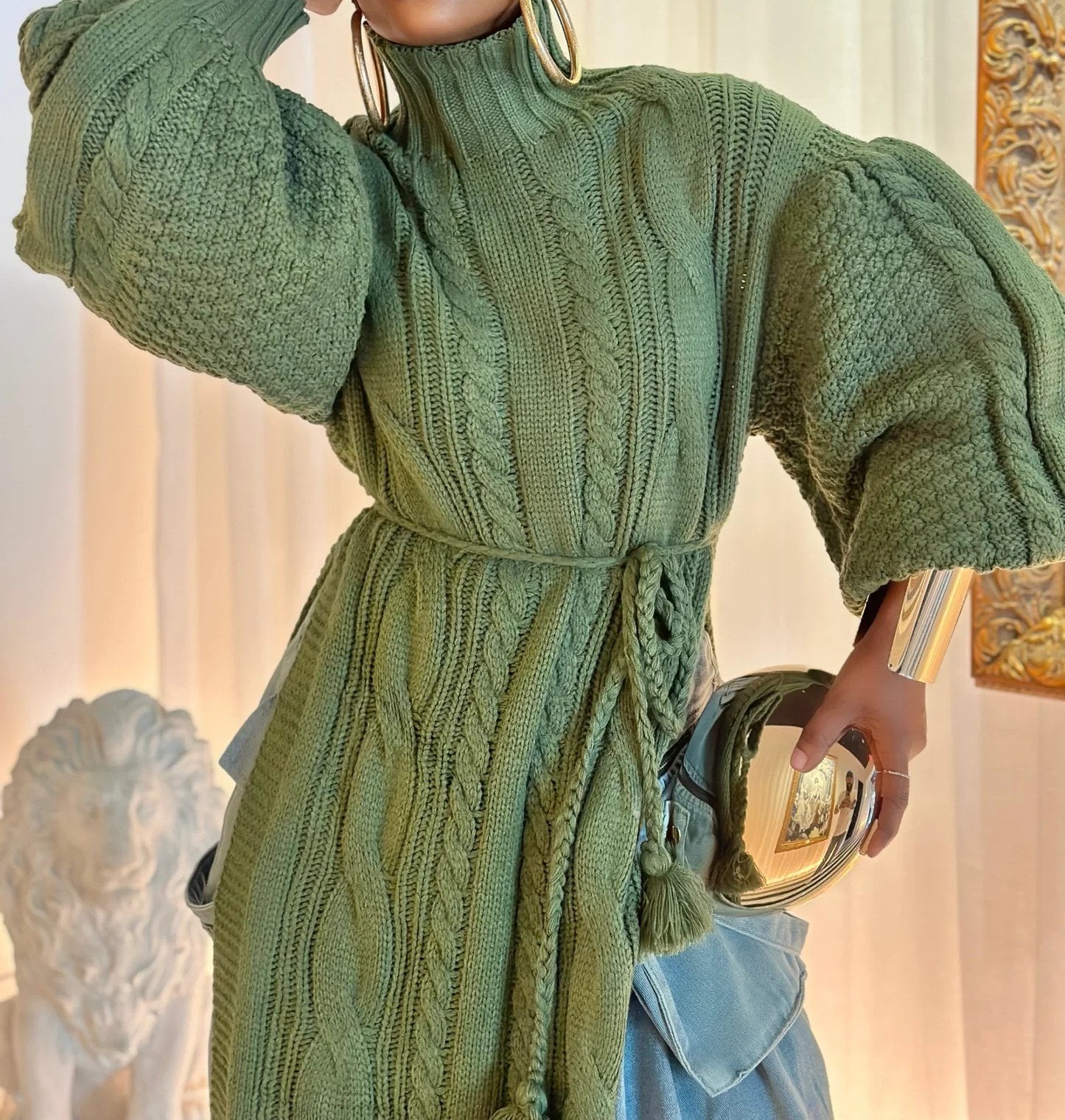 Lantern sleeve side slit turtleneck long sweater skirt