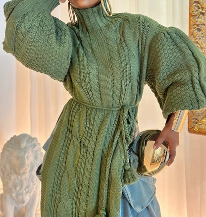 Lantern sleeve side slit turtleneck long sweater skirt