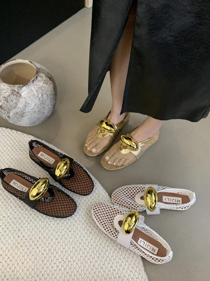 Fishnet flat metal buckle sandals